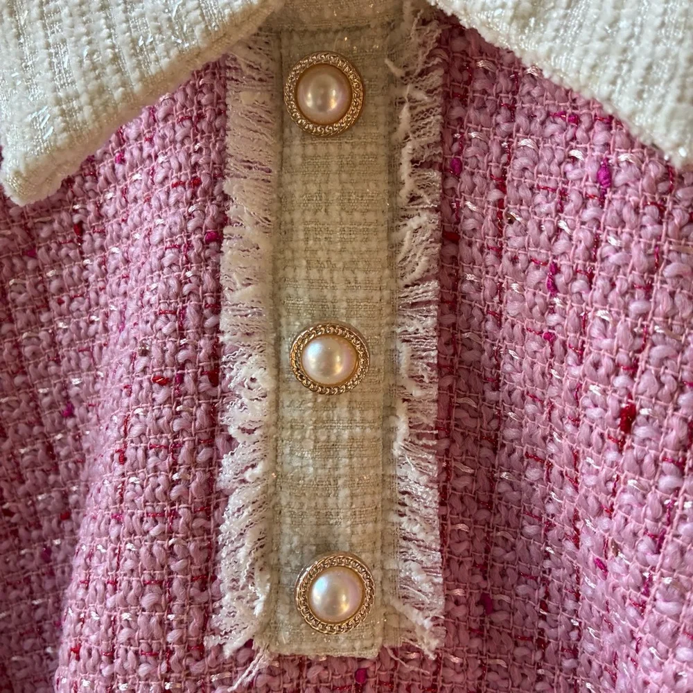 Pink Tweed Collared Dress With Pearl Buttons - Picture 5 of 8